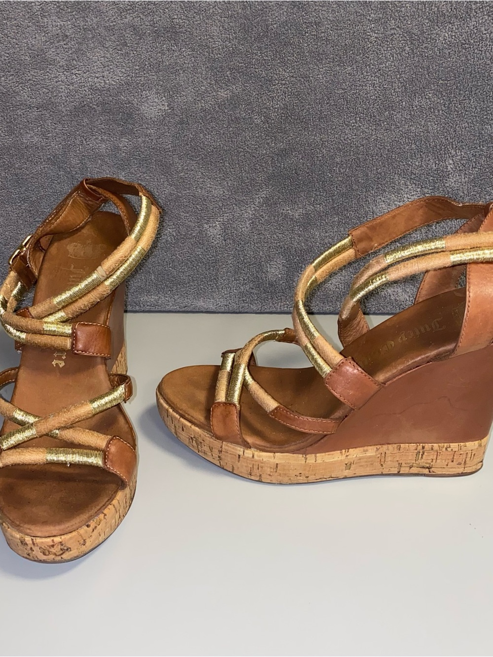 Juicy Couture Brown Gold Strap Cork Wedge Sandals 6.5